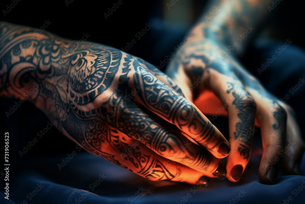 Intricate tattooed hands tell a story of individuality and modern expression. Close-up view captures the artistry and passion behind body adornment. A blend of creativity and rebellion Intricate tattooed hands tell a story of individuality and modern expression. Close-up view captures the artistry and passion behind body adornment. A blend of creativity and rebellion