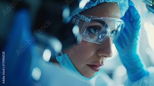 Intense female scientist wearing protective eyewear conducting research in a high-tech laboratory environment.