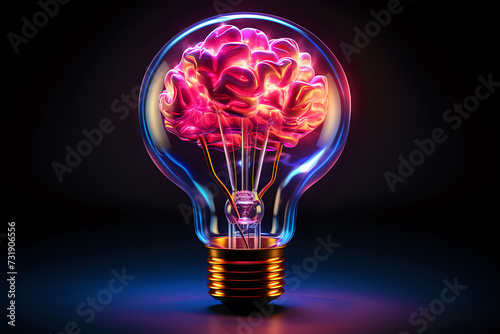 Luminous Brain Idea Concept.  A vividly rendered concept image featuring a brain-shaped filament within a light bulb, symbolizing innovation, intelligence, and brainstorming for creative 