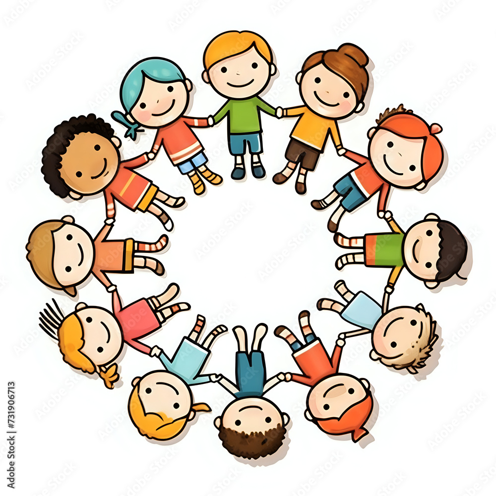 Circle of Cartoon Kids Unity. A vibrant illustration of diverse cartoon children holding hands in a circle, ideal for educational materials, children's content, and community unity themes Circle of Cartoon Kids Unity. A vibrant illustration of diverse cartoon children holding hands in a circle, ideal for educational materials, children's content, and community unity themes