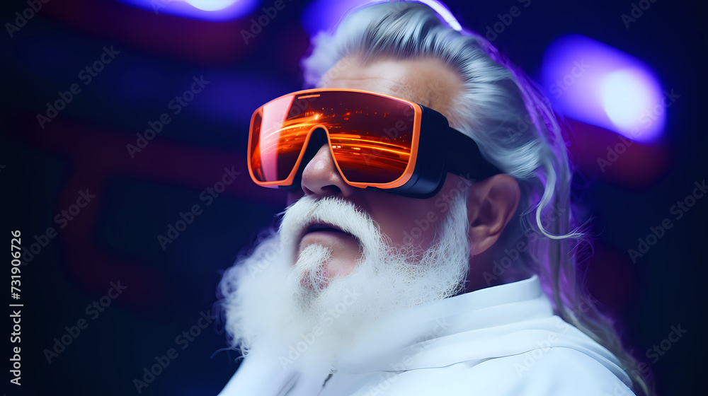 Sci-Fi Senior with Futuristic Goggles. A stylish senior man with a white beard donning orange futuristic goggles, perfect for themes of aging in the digital era and tech fashion.