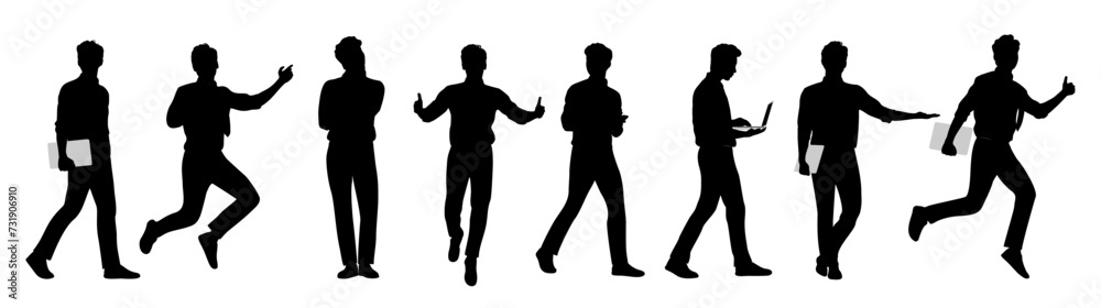 Silhouettes of Businessman character in different poses. Happy man running, standing, walking, jumping, using phone, laptop, front, side view. Vector black illustration on white background.