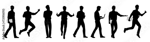 Silhouettes of Businessman character in different poses. Happy man running  standing  walking  jumping  using phone  laptop  front  side view. Vector black illustration on white background.
