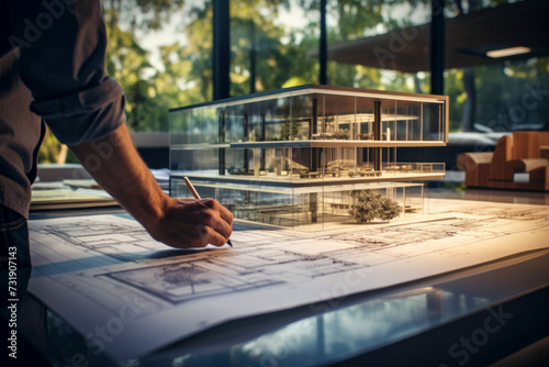 Architects imagination. Illustration of an architects, drawing developing into a 3-D model before his eyes on the proposed building plot.