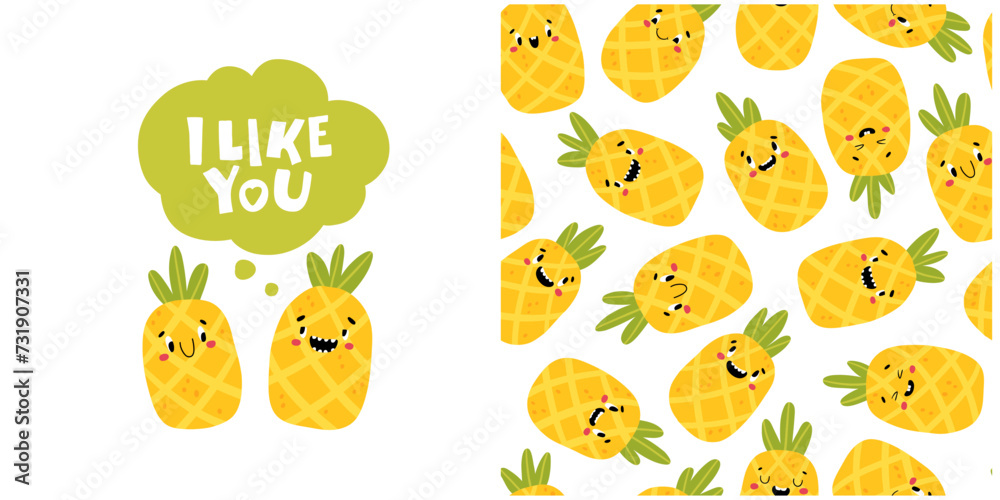 Pineapple romantic card with the inscription I like you. Creative seamless pattern. Funny characters with happy faces. Cartoon vector illustration in simple hand drawn scandinavian style