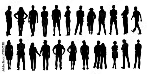 Silhouettes of different People Standing and walking Rear View. Male and Female, couple Characters Back View vector monochrome illustrations, icons Isolated on white Background.