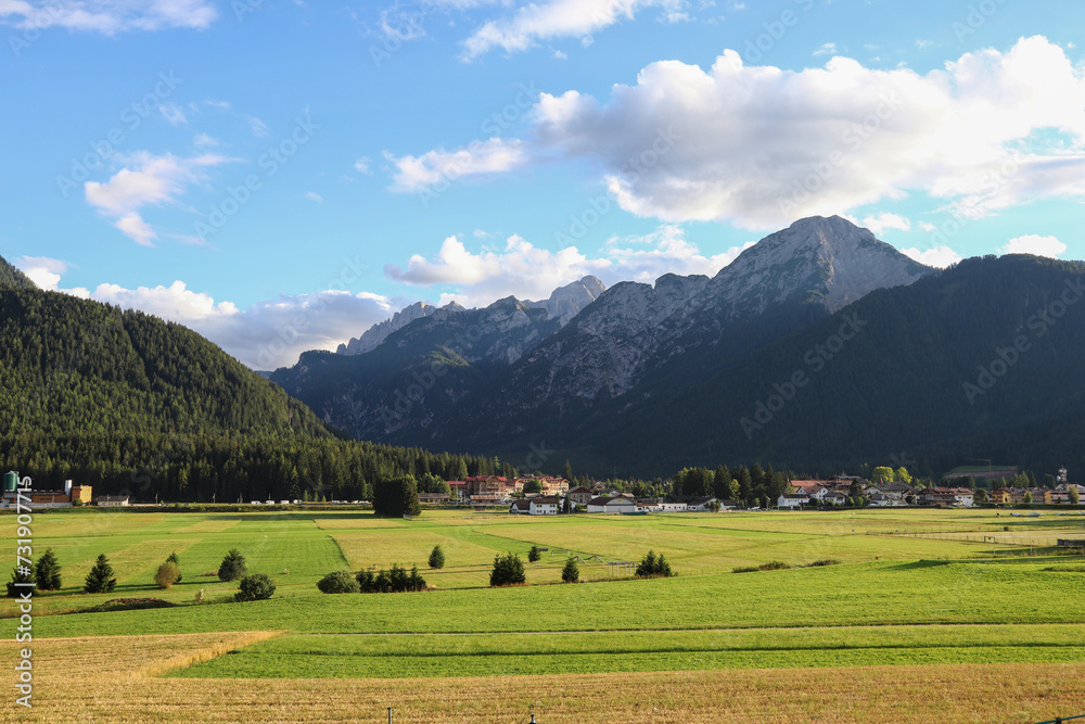 View of Dobbiaco in Pustertal, Val Pusteria, South Tyrol, Italy
