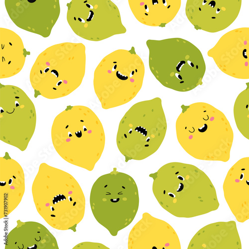 Lemon lime seamless pattern. Funny yellow and green characters with happy faces. Vector cartoon illustration in simple hand drawn scandinavian style. Ideal for printing baby products