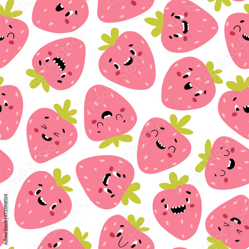Strawberry Modern creative seamless pattern. Funny pink characters with happy faces. Vector cartoon illustration in simple hand drawn scandinavian style. Ideal for printing baby products