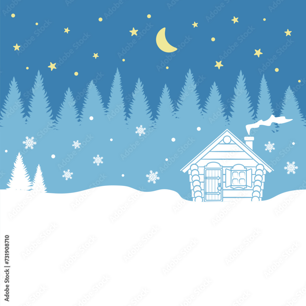 Horizontal seamless pattern with forest, house,  starry sky. Winter vector background.