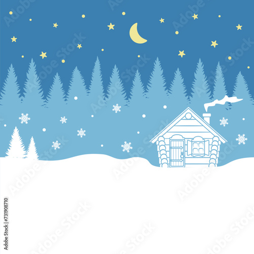 Horizontal seamless pattern with forest  house   starry sky. Winter vector background.