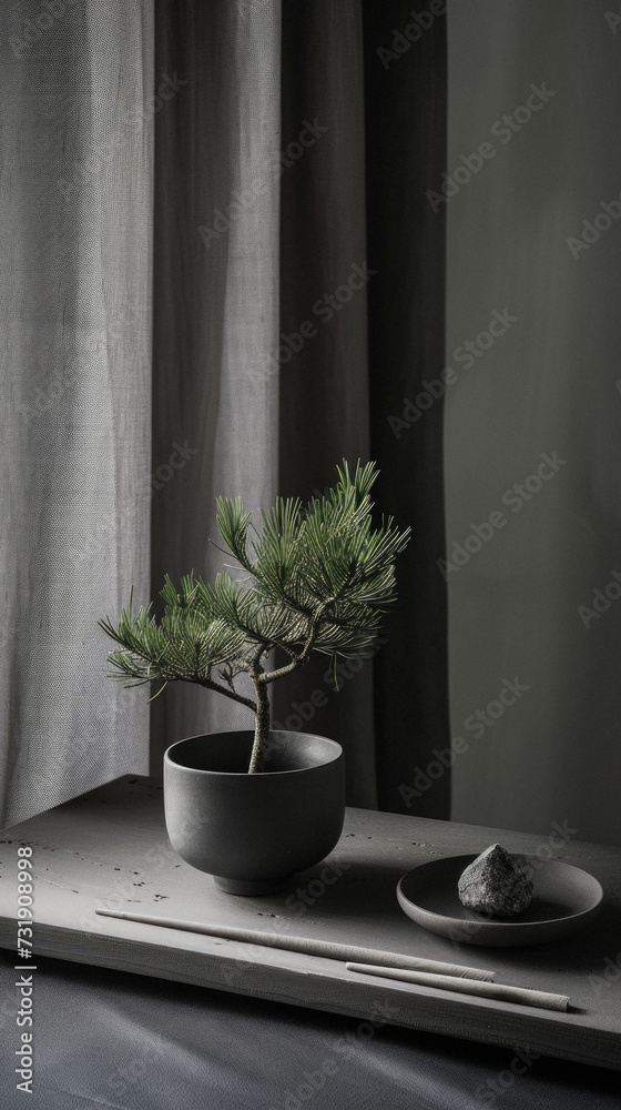 Pine tree in a pot on the windowsill. Black and white Pine tree in a pot on the windowsill. Black and white