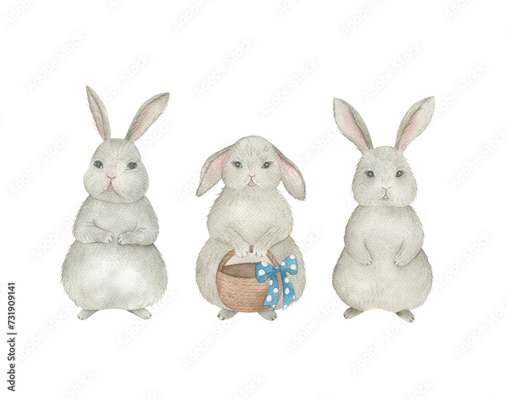 Watercolor bunny collection. Spring print with rabbits. Hand drawn isoloated illustration on white background Watercolor bunny collection. Spring print with rabbits. Hand drawn isoloated illustration on white background