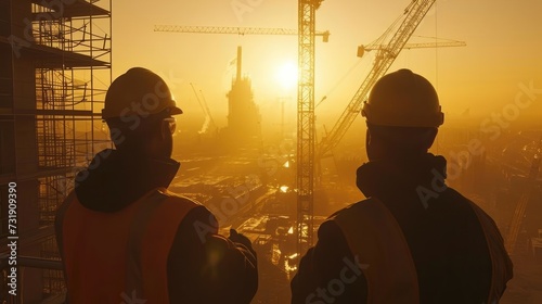 Construction Engineers Overlooking Site at Sunset Silhouette.