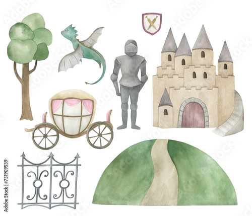 Historical collection with fairy-tale characters. Watercolor hand drawn isolated illustrations on white background