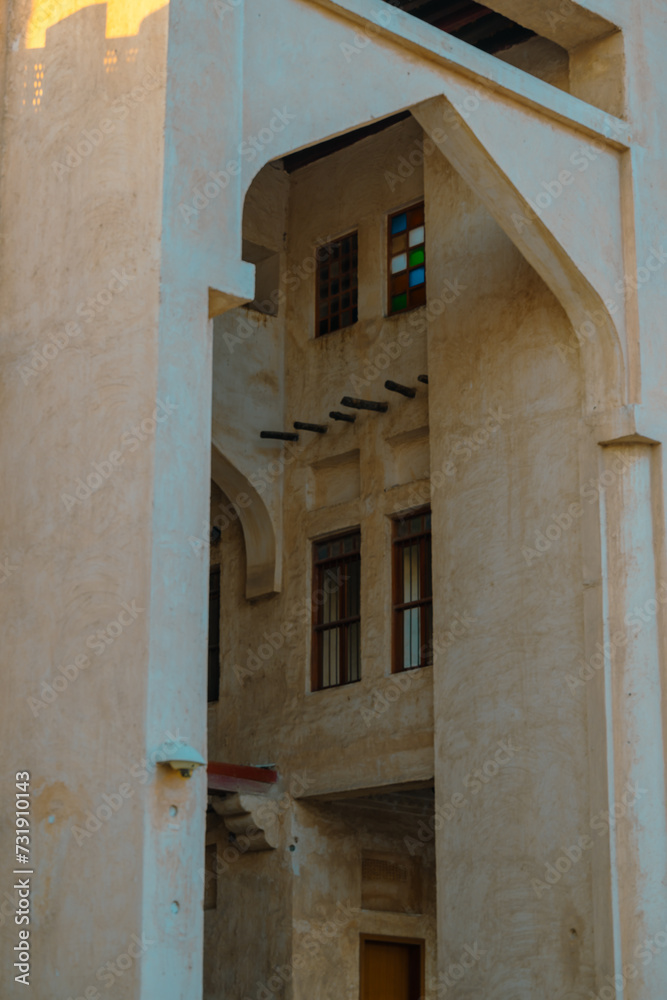 The traditional Arabian building was built in the traditional Arabic style at the traditional market of Doha, Qatar.