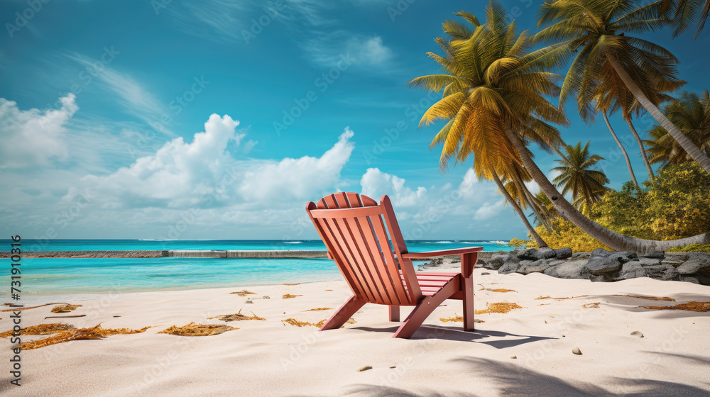 Holiday bliss. Empty deck chair on the tropical sandy beach, blue sky turquoise ocean