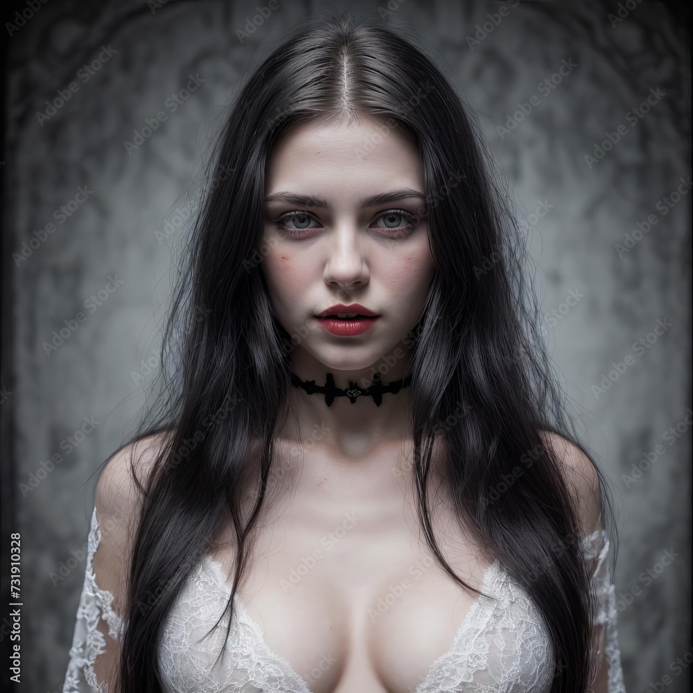 Sexy vampire girl in a white lace dress