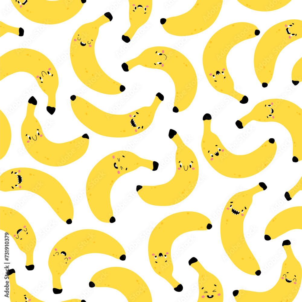 Banana seamless pattern. Funny yellow characters with happy faces. Vector cartoon illustration in simple hand drawn scandinavian style. Ideal for printing baby products