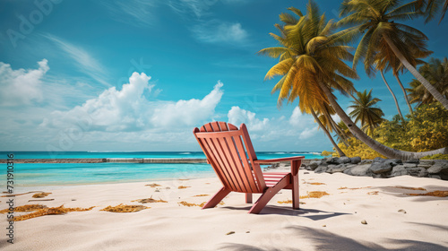 Holiday bliss. Empty deck chair on the tropical sandy beach, blue sky turquoise ocean © David