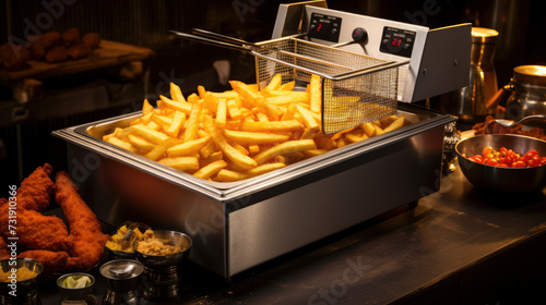 Fototapeta Naklejka Na Ścianę i Meble -  Domestic deep fat fryer, full of golden chips, in kitchen setting