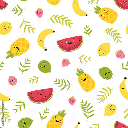 Fruit modern creative seamless pattern. Funny tropical characters with happy faces in palm leaves. Vector cartoon in simple hand drawn scandinavian style. Watermelon Pineapple Lemon Lime Strawberry