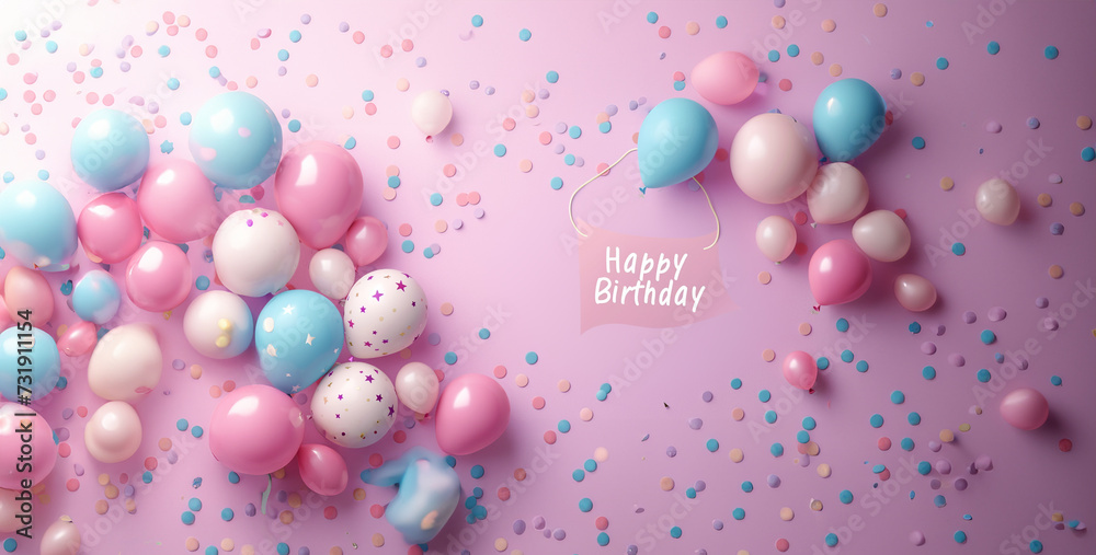 Happy Birthday greeting card with colorful balloons and confetti on blue background,Happy Birthday greeting card with balloons, confetti and stars. 3D Render
