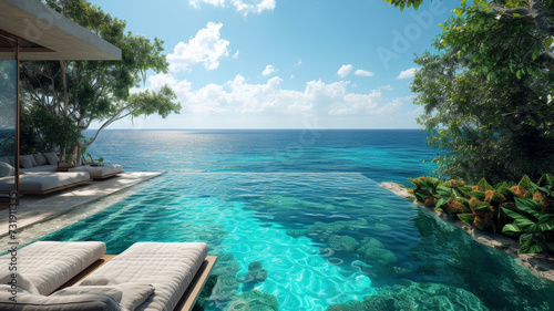 Dive into deep blue serenity with a panoramic view of the endless ocean  where the horizon disappears  and the underwater world becomes a realm of calm