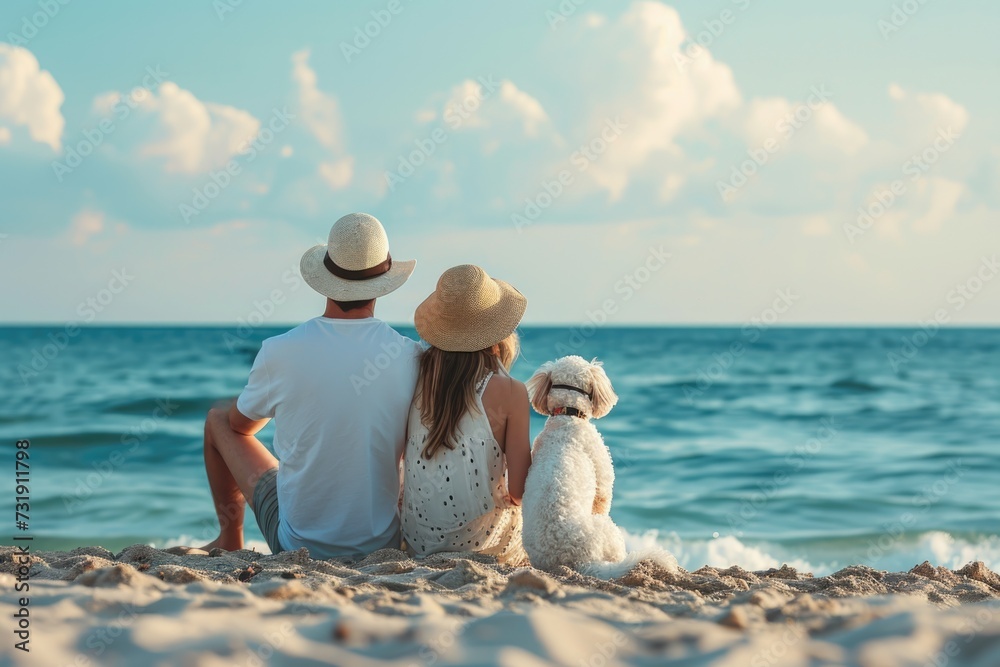 Back view of a couple sitting on the beach with a dog