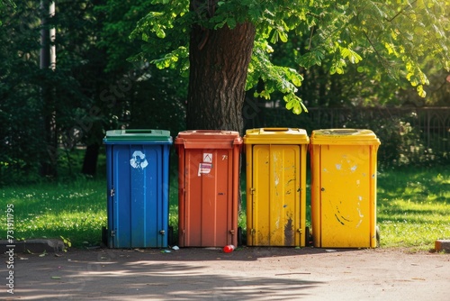 Different color recycling bins in a city park