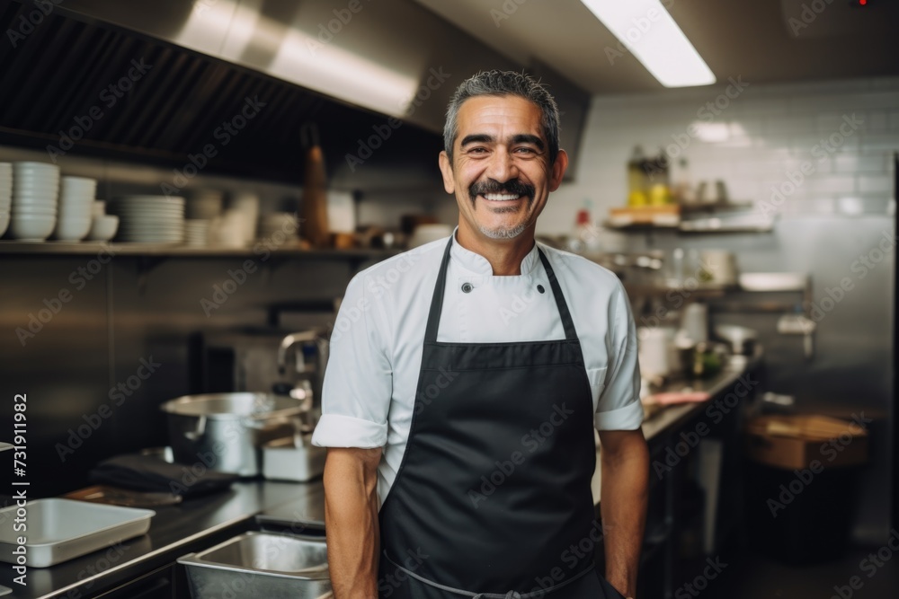 Portrait of a middle aged chef in a commercial kitchen Portrait of a middle aged chef in a commercial kitchen
