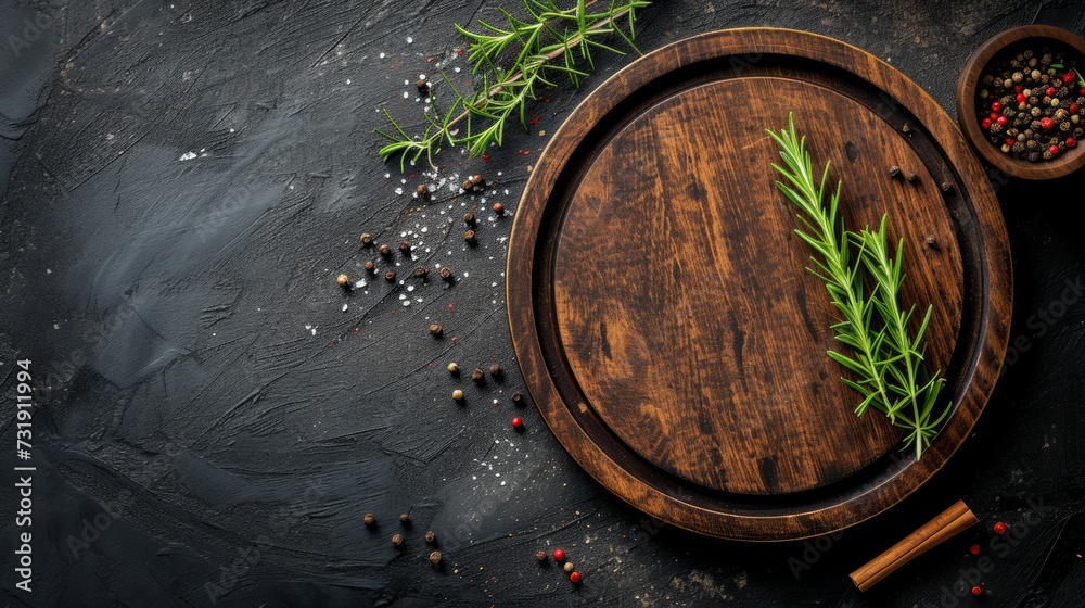 Beautiful empty round wooden tray with rosemary