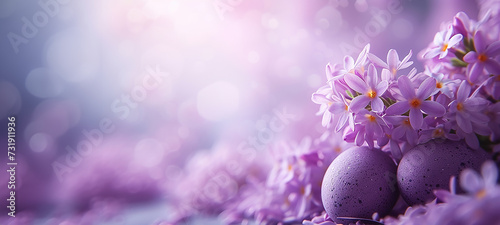 sfondo di Pasqua lilla  con uova e fiori tono su tono, effetti bokeh, formato banner con spazio per testo photo