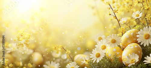 sfondo Pasquale giallo delicato con uova di Pasqua e fiori , spazio per testo, photo