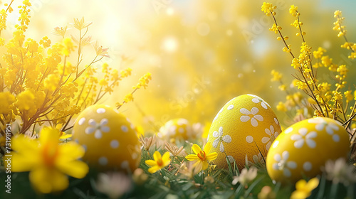 sfondo Pasquale giallo delicato con uova di Pasqua e fiori , spazio per testo,