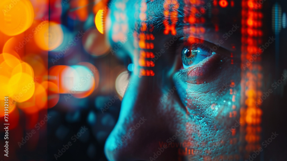 An abstract network of digital numbers and forex symbols reflecting on the face of a focused trader, symbolizing market analysis, trader concept, dynamic and dramatic compositions, with copy space An abstract network of digital numbers and forex symbols reflecting on the face of a focused trader, symbolizing market analysis, trader concept, dynamic and dramatic compositions, with copy space