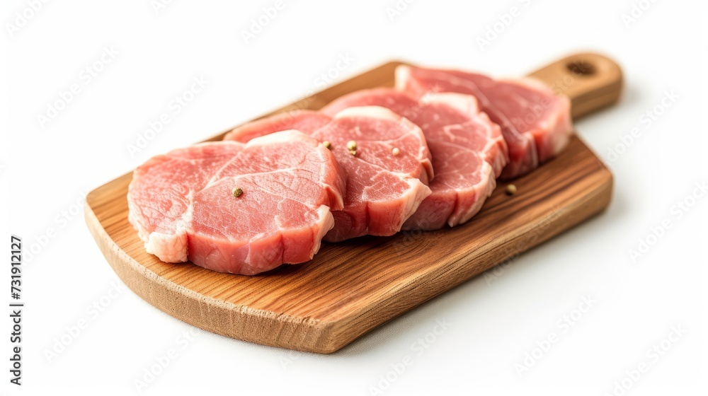 Raw pork chops and meat displayed on a cutting board