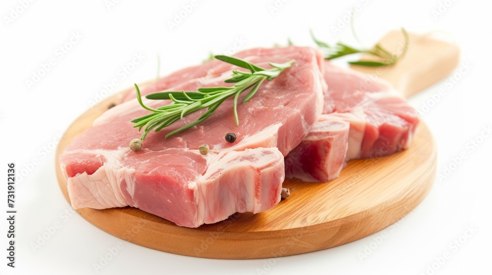 depicting various cuts of raw pork and beef meat on a cutting board, including pork chops, slices, and fillets, garnished with parsley for freshness