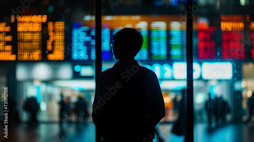 A trader's silhouette against the backdrop of a large digital screen displaying a bustling stock market floor, trader concept, dynamic and dramatic compositions, with copy space