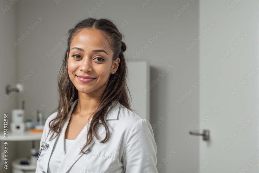 Confident african-american young female physician looking at camera standing in hospital Confident african-american young female physician looking at camera standing in hospital