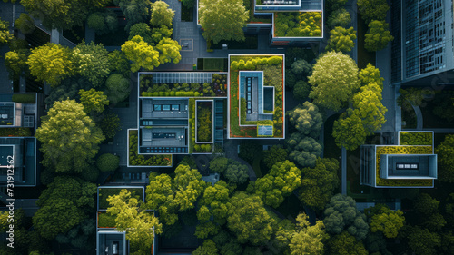 Dynamic aerial shot of a green technology campus, illustrating the EcoTech revolution with sustainable innovations harmonising with the environment 