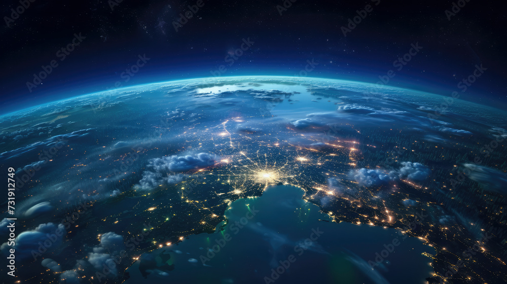 view of planet Earth at night with illuminated city lights.