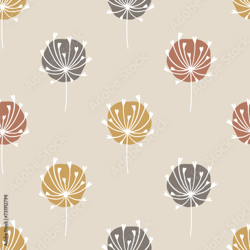 Scandinavian minimalist seamless pattern with hand drawn blooming fennel grass. Abstract spots and simple doodle lines in a pastel palette. Vector background for textile, fabric, wrappers.