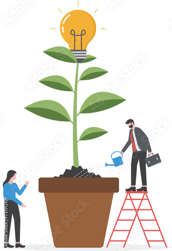 People working together to achieve a goal. Business team watering the growing tree with a lightbulb. Flat vector illustration.

