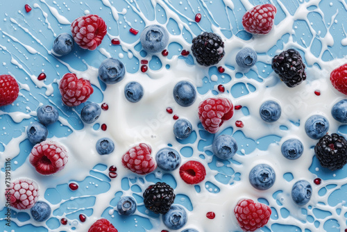 Milk splash with blueberries, raspberries, blueberries and blackberries on a light blue background