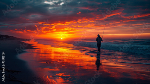 A man is fishing for fish on the beach in a sea at sunset
