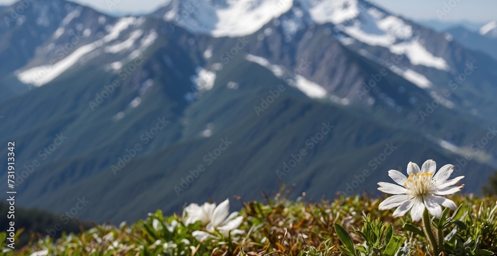 white mountain flower with snowy peaks in the background