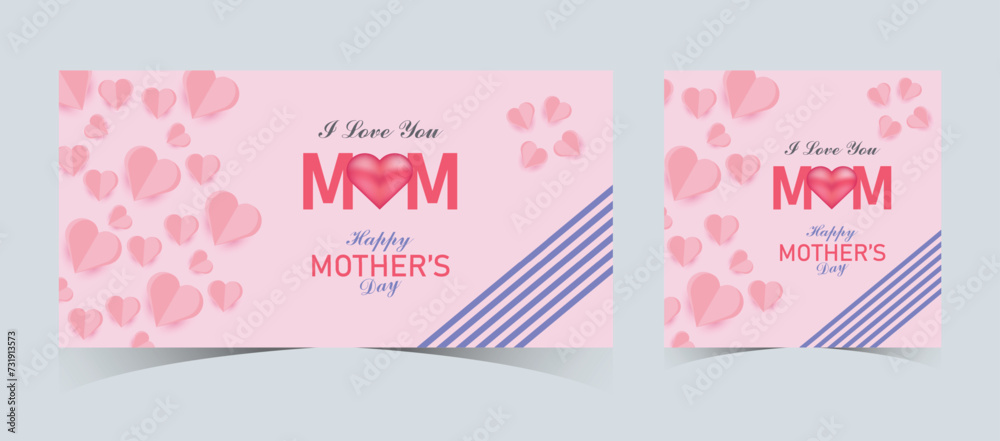 Set of Happy Mother's Day Web Banners and Post Templates. Mother's Day Greeting Card with 3d Love Balloons. Happy Mom Love Sign with Heart and Flowers. Flying Pink Paper Hearts. Mom Love Background