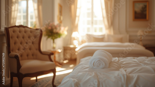 Luxury hotel, bedroom with pure, white, soft, lighting and evening. Sunlight illuminating the room.