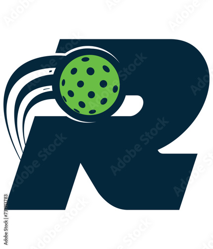 A beautiful flying pickleball logo vector over the letter R. You can use it as club logo, banner design etc.